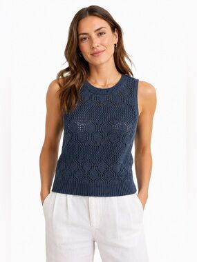 Splendid NWT 100% Cotton Crochet Knit Sweater Vest Tank Blue Med Coastal Grandma